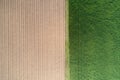 Farmland from above. Green and brown agricultural fields drone v Royalty Free Stock Photo