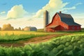 farmland with a barn, silo, and farmhouse featuring gabled entry, magazine style illustration