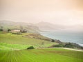 Farmland on the coastline. Tollymore Rd Viewpoint, Table Cape, Tasmania, Australia