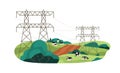 Farmland with electric power lines and cows grazing. Pasture, high voltage towers and cables tansmitting electricity to