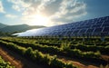 Farmland enhanced with agrivoltaics, where solar panels are intelligently integrated to provide both renewable energy generation