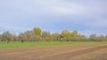 Farmland and trees under a cloudy autumn sky in the Flemish countryside Royalty Free Stock Photo