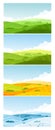 Farmland fields on hills, forest on horizon in summer spring autumn winter background. Nature landscape in different