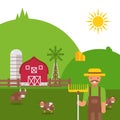 Farmland landscape in flat style, vector illustration. Friendly farmer cartoon character, green summer hills, grazing