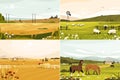 Farmland landscape set. Rural panoramic view with arable land and farm buildings, countryside scenery with straw bale Royalty Free Stock Photo