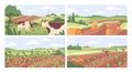 Farmland landscapes set. Farms backgrounds with cows in pastures, grasslands, agriculture fields, vegetable gardens in Royalty Free Stock Photo