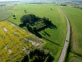 Farmland rapeseed field with tractor tracks and road, aerial view Royalty Free Stock Photo