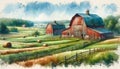 Farmland Scene Watercolor Painting Pastel Colored Springtime Barn Country AI Generate Royalty Free Stock Photo