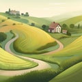 Humble small farmtown in rolling hill setting. Created using ai generative.