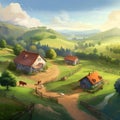 Humble small farmtown in rolling hill setting. Created using ai generative.