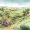 Humble small farmtown in rolling hill setting. Created using ai generative.
