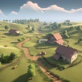 Humble small farmtown in rolling hill setting. Created using ai generative.