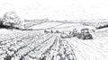 Farm field with tractors harvesting crops, countryside landscape in black and white line art. Royalty Free Stock Photo