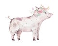 Farms animal isolated set. Cute domestic farm pets watercolor illustration. Pig baby cartoon drawing. Royalty Free Stock Photo