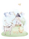 Farms animal set. Cute domestic farm pets watercolor illustration. horse. goose. pig. goat. chicken. sheep. cow