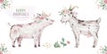 Farms animal isolated set. Cute domestic farm pets watercolor illustration. Goat and duck baby cartoon drawing. Royalty Free Stock Photo
