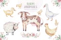 Farms animal set mill. Cute domestic pets watercolor illustration. horse and goose. ranchp pig design with goat. rooster