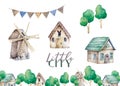 Farms little city set. Cute domestic pets watercolor illustration. horse and goose. pig design with goat. rooster chicken and