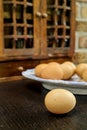 Farms Vintage Wooden Spice Rack or Storage Cabinet with fresh eggs Royalty Free Stock Photo