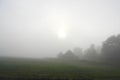 Farmstead visible through foggy morning sunlight Royalty Free Stock Photo