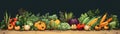 Farmtotable Concept Illustration With Farmfresh Vegetables And Rustic Wooden Table Illustration. Panoramic Banner. Generative AI Royalty Free Stock Photo