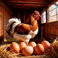 Farmyard free range hen laying huge jumbo fresh organic eggs in outdoor farm environment