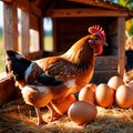 Farmyard free range hen laying huge jumbo fresh organic eggs in outdoor farm environment