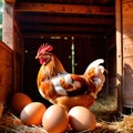 Farmyard free range hen laying huge jumbo fresh organic eggs in outdoor farm environment