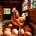 Farmyard free range hen laying huge jumbo fresh organic eggs in outdoor farm environment