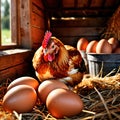 Farmyard free range hen laying huge jumbo fresh organic eggs in outdoor farm environment