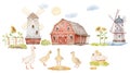 Farmyard Illustrations, Geese with Baby Watercolor Clip Art, Agricultural Buildings Clip Art
