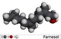 Farnesol molecule. It is derivative of terpenoids. It has a delicate odor and is used in perfumery. Molecular model. 3D rendering