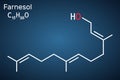 Farnesol molecule. It is derivative of terpenoids. It has a delicate odor and is used in perfumery. Structural chemical formula on