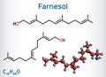 Farnesol molecule. It is derivative of terpenoids. It has a delicate odor and is used in perfumery. Structural chemical formula