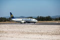 Faro, Portugal - July, 2018: Airliner from Ryanair takes off from Faro international airport FAO during daytime.