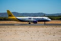 FARO, PORTUGAL - Juny 30, 2017 : Monarch Flights aeroplane departure from Faro International Airport. Monarch is a British airline Royalty Free Stock Photo