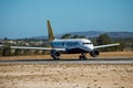 FARO, PORTUGAL - Juny 30, 2017 : Monarch Flights aeroplane departure from Faro International Airport. Monarch is a British airline Royalty Free Stock Photo