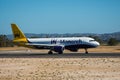 FARO, PORTUGAL - Juny 30, 2017 : Monarch Flights aeroplane departure from Faro International Airport. Monarch is a British airline Royalty Free Stock Photo