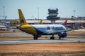 FARO, PORTUGAL - Juny 30, 2017 : Monarch Flights aeroplane departure from Faro International Airport. Monarch is a British airline Royalty Free Stock Photo