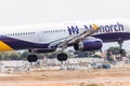 FARO, PORTUGAL - Juny 18, 2017 : Monarch Flights aeroplane landing on Faro International Airport. Monarch is a British airline. Royalty Free Stock Photo