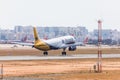 FARO, PORTUGAL - Juny 18, 2017 : Monarch Flights aeroplane landing on Faro International Airport. Monarch is a British airline. Royalty Free Stock Photo