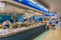 FARO, PORTUGAL - OCTOBER 5, 2017: Fish stalls at Faro Municipal Market Mercado Municipal de Faro in Faro, Portuga