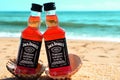 Faro, Portugal - 12/10/2018: Two little bottles new type of whiskey Jack Daniels in the ocean shells stand on the sand. Alcoholic