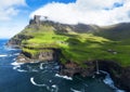 Faroe island landscape - waterfall from drone, Denmark Royalty Free Stock Photo