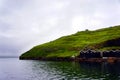 Faroe Islands boat trip, cliffs rocks houses, Denmark Royalty Free Stock Photo