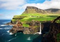 Faroe Islands waterfall alafossur near village Gasadalurron the Island Vagar. Green mountain caost landscape