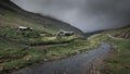 Faroese houses in green valley with river and rain clouds, Faroe Islands