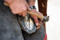 Farrier nailing a horseshoe to the horse