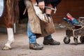 Farrier nailing horseshoe to horse hoof with a hammer