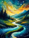 perspective river. fabulous painting illustration outstanding abstract stars turn resolution astonishing Cinematic